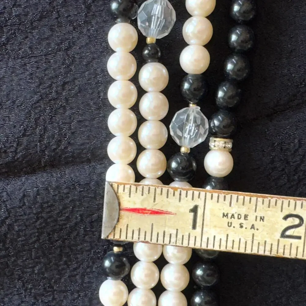 Vintage Richelieu Multi-Strand Necklace Costume Pearls Black Bead Crystal Spacer